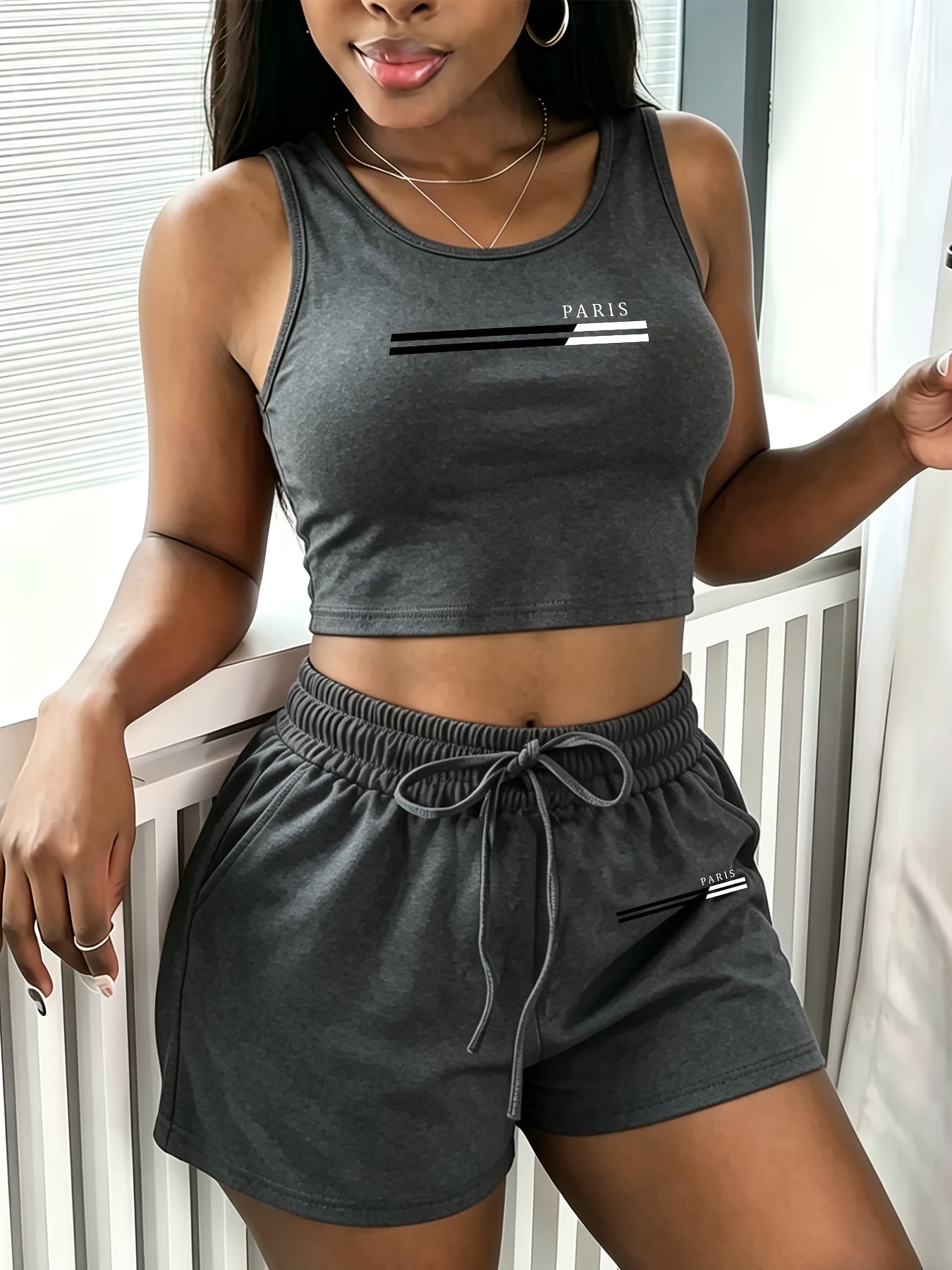 Women's Casual Two-Piece Set | Sleeveless Vest & Drawstring Shorts