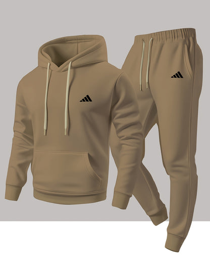 Men'S Trendy And Minimalist Triangular Striped Logo Hoodie And Sweatpants Set for Spring And Autumn, Featuring a Loose And Comfortable Design Suitable for Sports And Leisure, Machine Washable