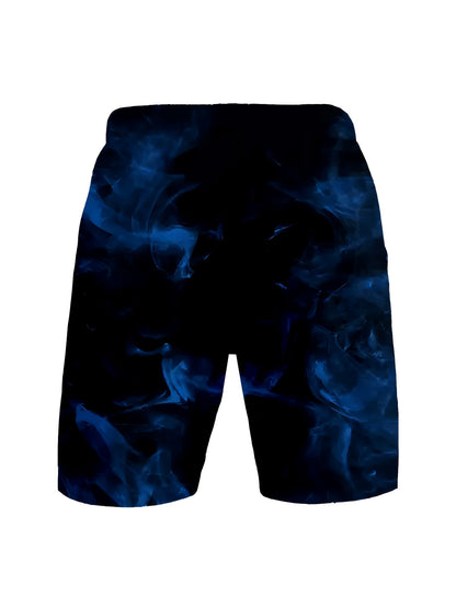 Men's Quick-Dry Blue Geometric Swim Shorts with Adjustable Waist