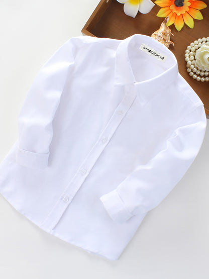 Boys' Long-Sleeve White Cotton Blend School Shirt - Preppy Style