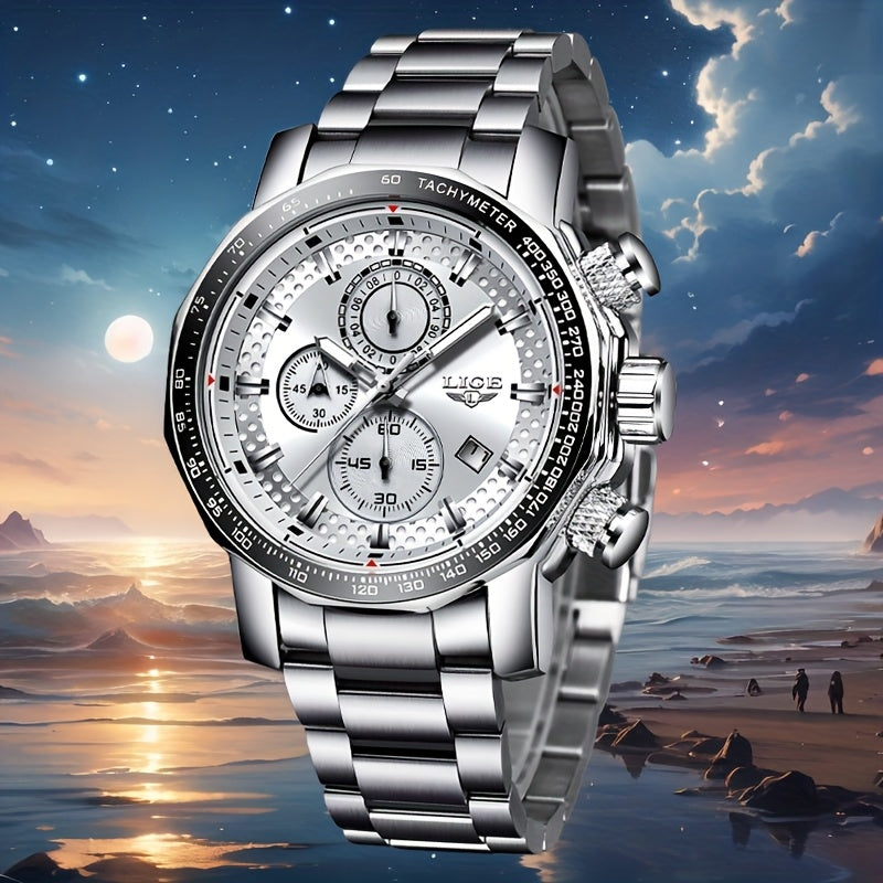 LIGE Watches Fashion Junior Men's Sports Multifunctional Quartz Watch, IP68 Waterproof Watch, Stainless Steel Band, Precision Chronograph, Stopwatch Date Function, Casual Elegant Vintage Style New Watch, Holiday Gifts - ayq