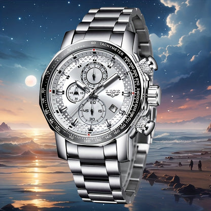 LIGE Watches Fashion Junior Men's Sports Multifunctional Quartz Watch, IP68 Waterproof Watch, Stainless Steel Band, Precision Chronograph, Stopwatch Date Function, Casual Elegant Vintage Style New Watch, Holiday Gifts - ayq