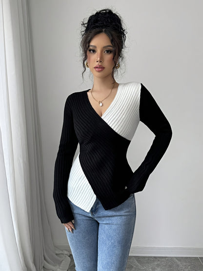 Women'S Elegant Color Block Long Sleeve T-Shirt - V-Neck, Slim Fit, & Pink, Comfortable & Stylish for Spring/Fall, Versatile Casual or Dressy Outfits, Versatile Fashion | Vneck Top | Construction, Ladies T Shirts