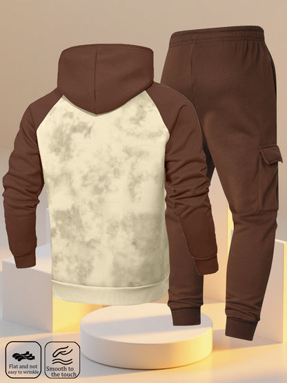 A New Trendy Color-Blocked Hoodie with Raglan Sleeves And Loose-Fitting Cargo Pants Featuring Multiple Pockets, Perfect for Casual Everyday Wear. This Breathable Hoodie And Loose Long Pants Set Comes in a Two-Piece Print Desi