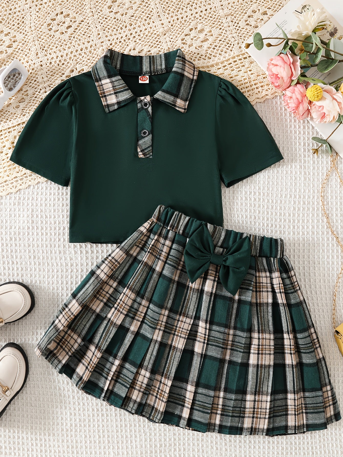 Girls Preppy Plaid Shirt and Pleated Skirt Set with Bow - Spring Summe