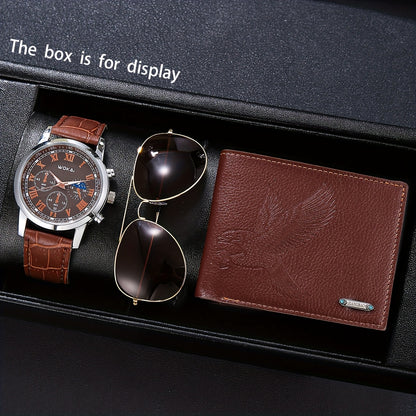 A Set of 3 Stylish And Cool Men'S Watches, Glasses, And Wallet, Perfect for Wearing During Holidays And Special Occasions Like Thanksgiving, Father'S Day, Birthday Parties, And Other Commemorative Celebrations