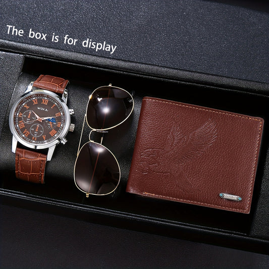 A Set of 3 Stylish And Cool Men'S Watches, Glasses, And Wallet, Perfect for Wearing During Holidays And Special Occasions Like Thanksgiving, Father'S Day, Birthday Parties, And Other Commemorative Celebrations