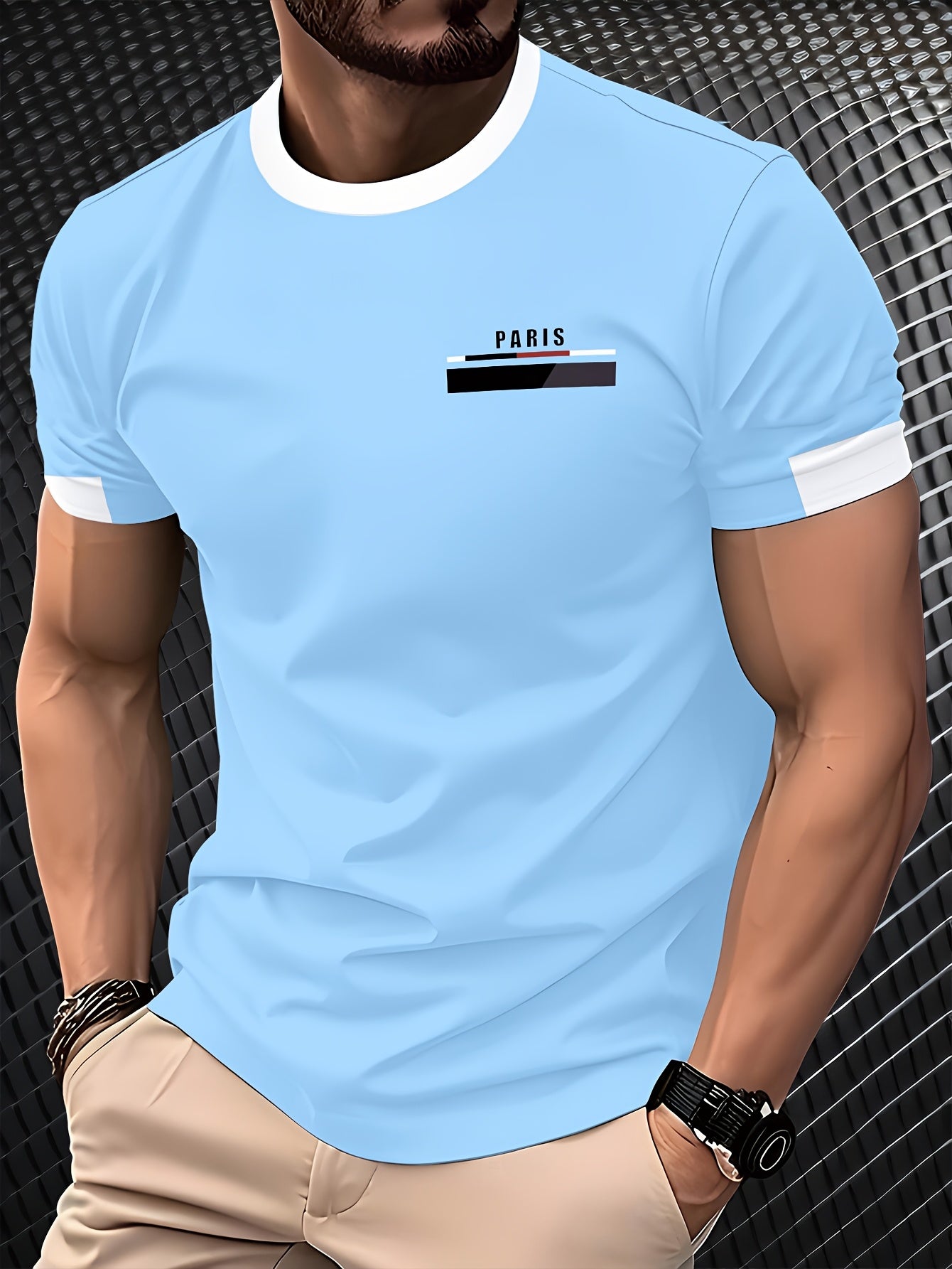 Men'S Paris Graphic T-Shirt - Green Polyester Crew Neck Tee with White Stripes  Print - Casual Sporty Knit Top for Casual Attire, Breathable Fabric