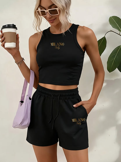 Casual Women’s Two-Piece Suit with Graphic Print Vest & Shorts