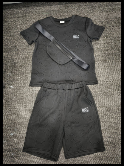 Boys' Stylish White Short Sleeve T-Shirt + Casual Shorts + Fashion Crossbody Bag Set, Perfect for Outdoor