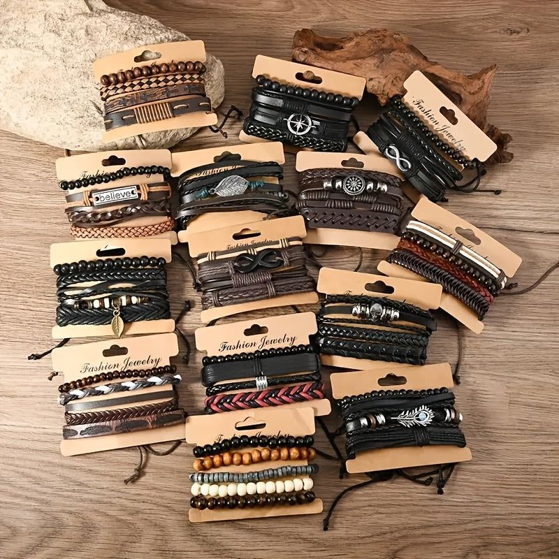 4/18/36pcs Vintage Fashion Faux Leather Bracelet Western Punk Style Beaded Wristband, Handwoven DIY Random Styles