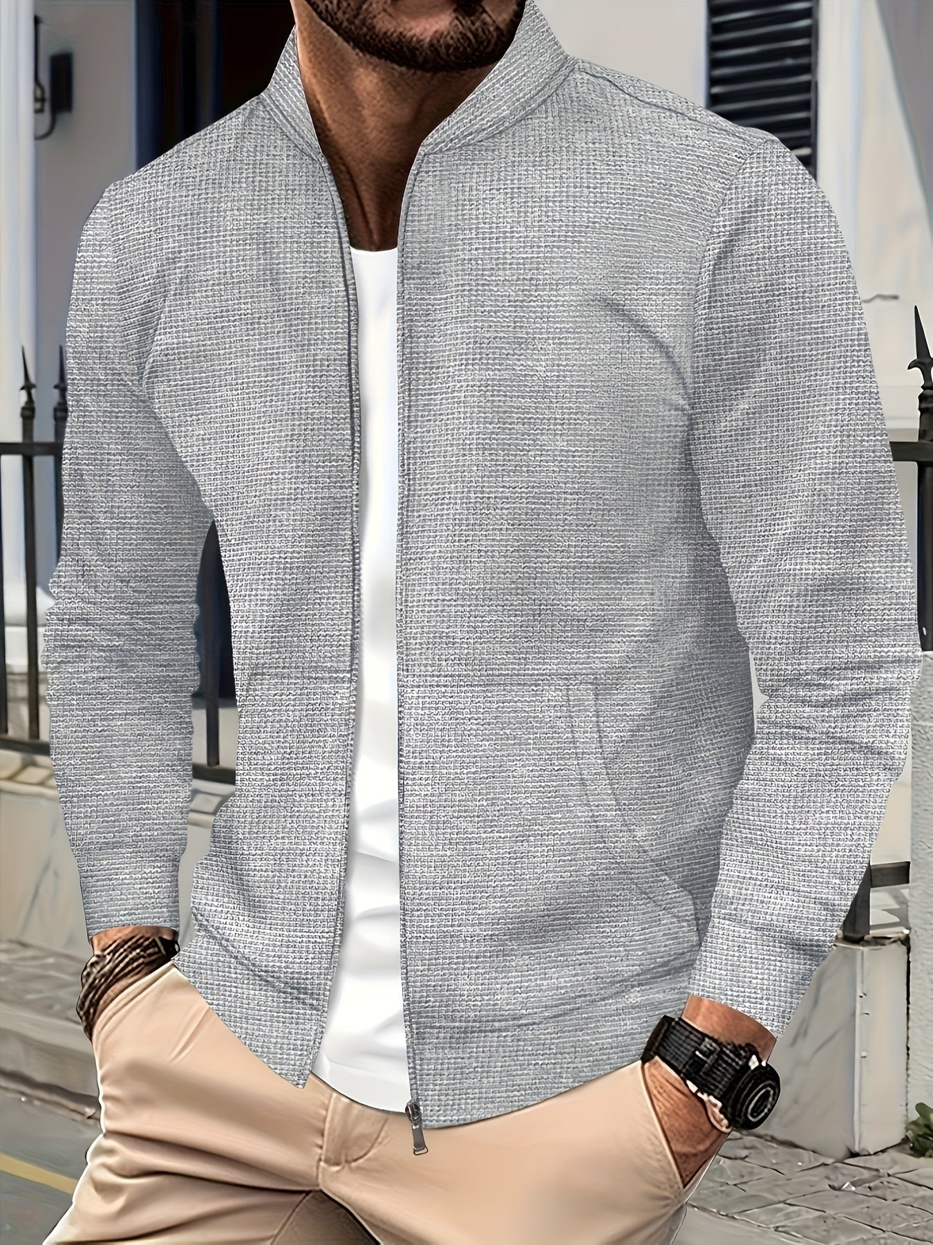 Men's Lightweight Jacket with Stand-Up Collar - Zippered Front Closure, Regular Fit Casual Coat for Everyday & Formal Wear - Spring/Fall Outerwear in White/Neutral Tones - Easy Care Zipper Jacket