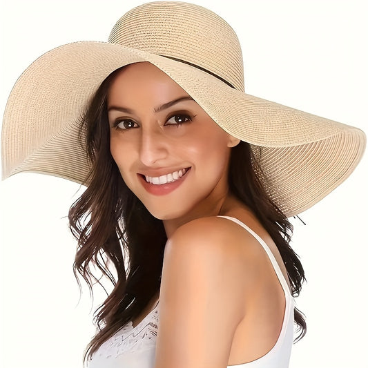 Women’s Wide Brim Straw Sun Hat with Bowknot for Summer - ayq