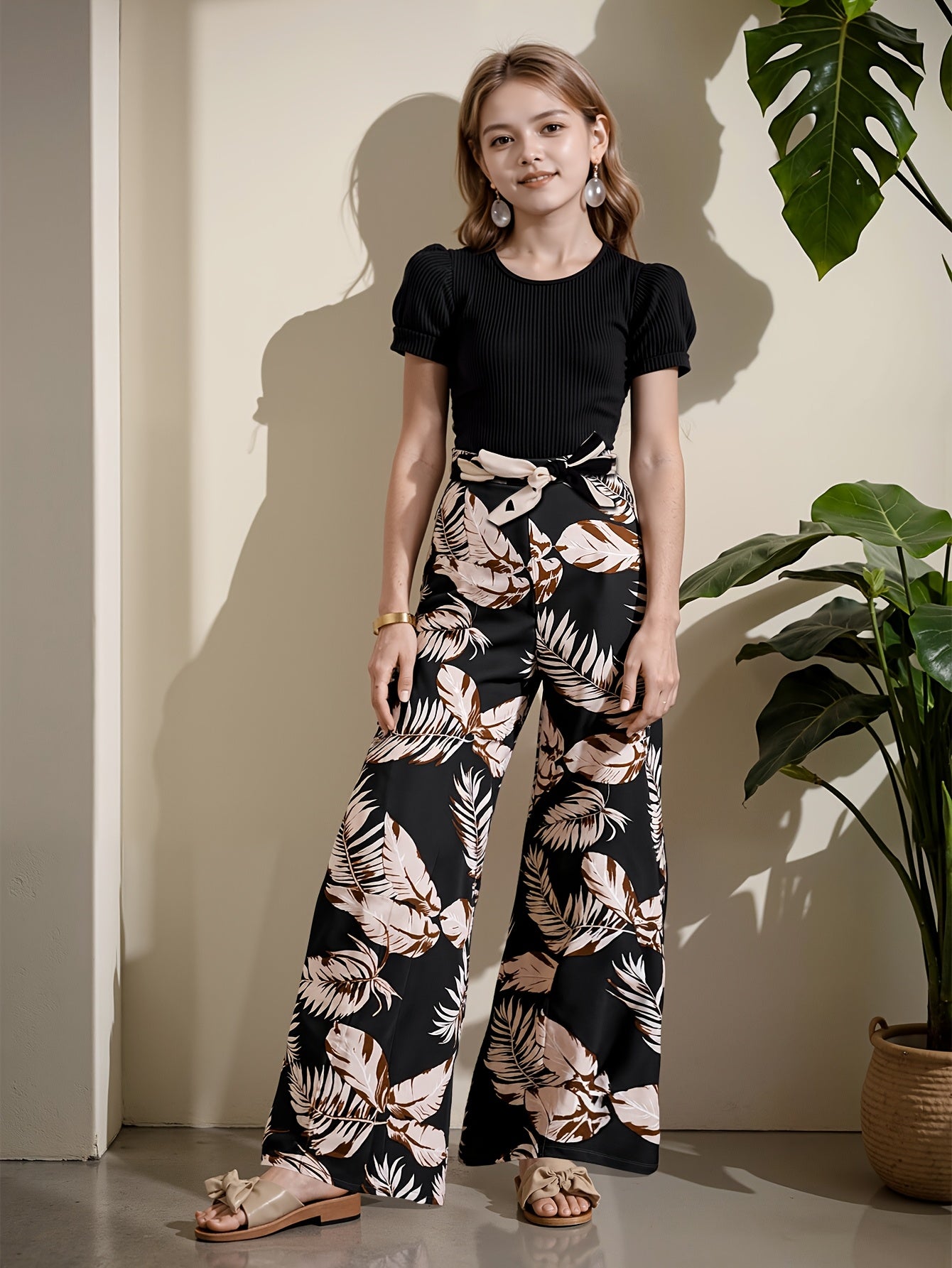 Girls' Summer Floral Top and Wide-Leg Pants Set with Waist Tie