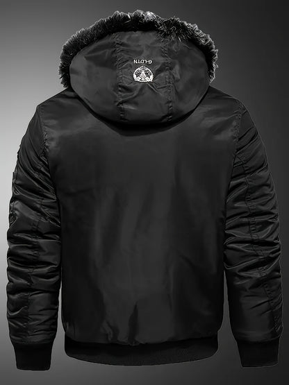 Men'S Heavyweight Winter Jacket with Detachable Hood & 3D Lettering - Full-Zip Windproof Coat, Multi-Pocket Design, Machine Washable