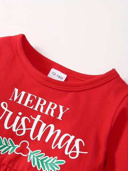 2pcs Elk Embroidered Long Sleeve Dresses + Christmas Hat Gift Box Random Full Print Side Pants Set Cute Party Outfit for Girls, for Outdoor