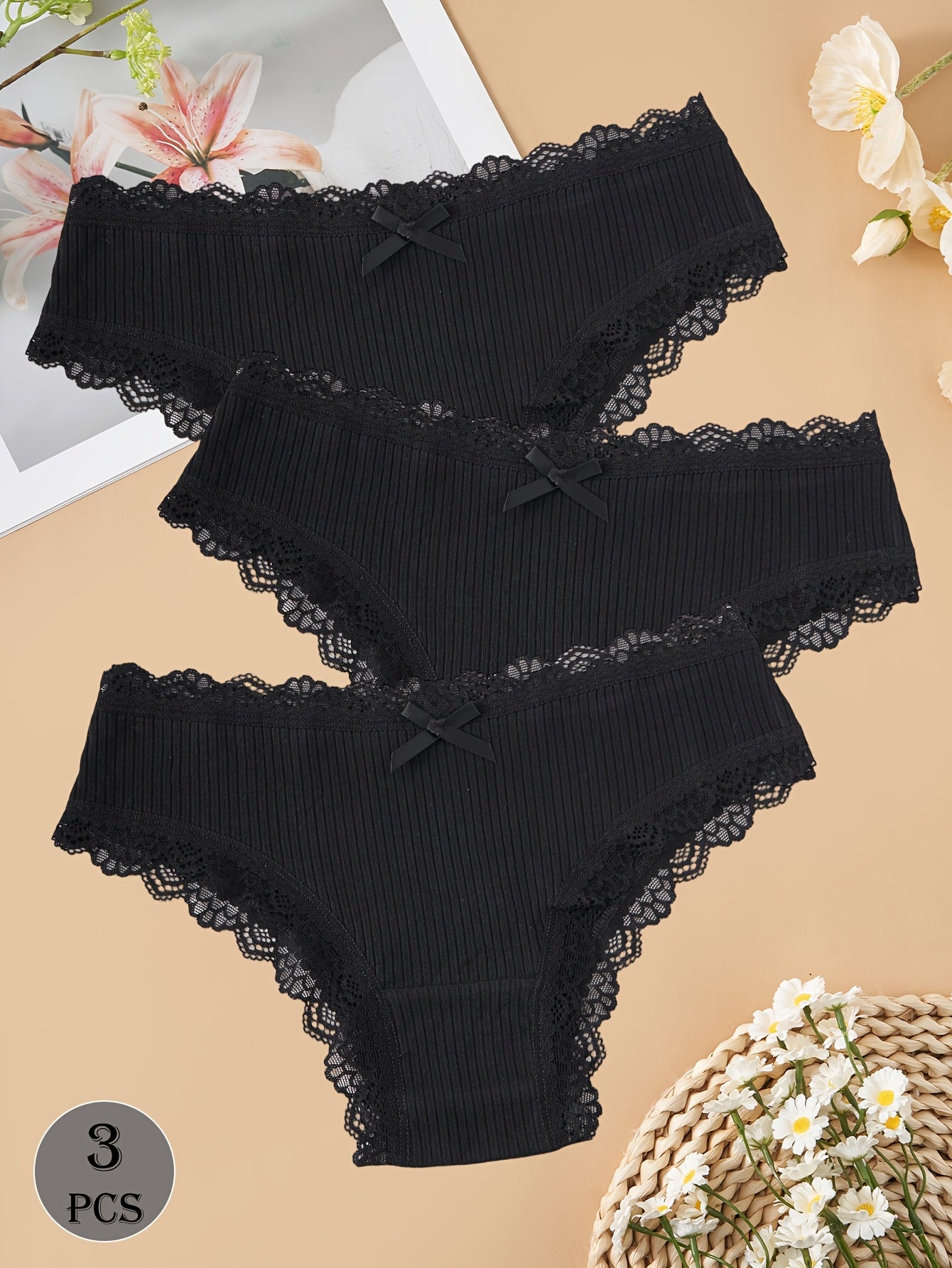 3-Pack Dark Cotton Women's Briefs with Lace Trim and Bow