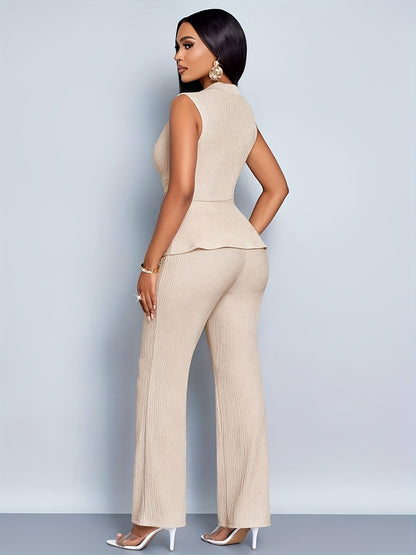 Women's Elegant V-Neck Sleeveless T-Shirt and Wide-Leg Pants Two-Piece Set, Asymmetrical Hem Casual Spring/Summer Outfit