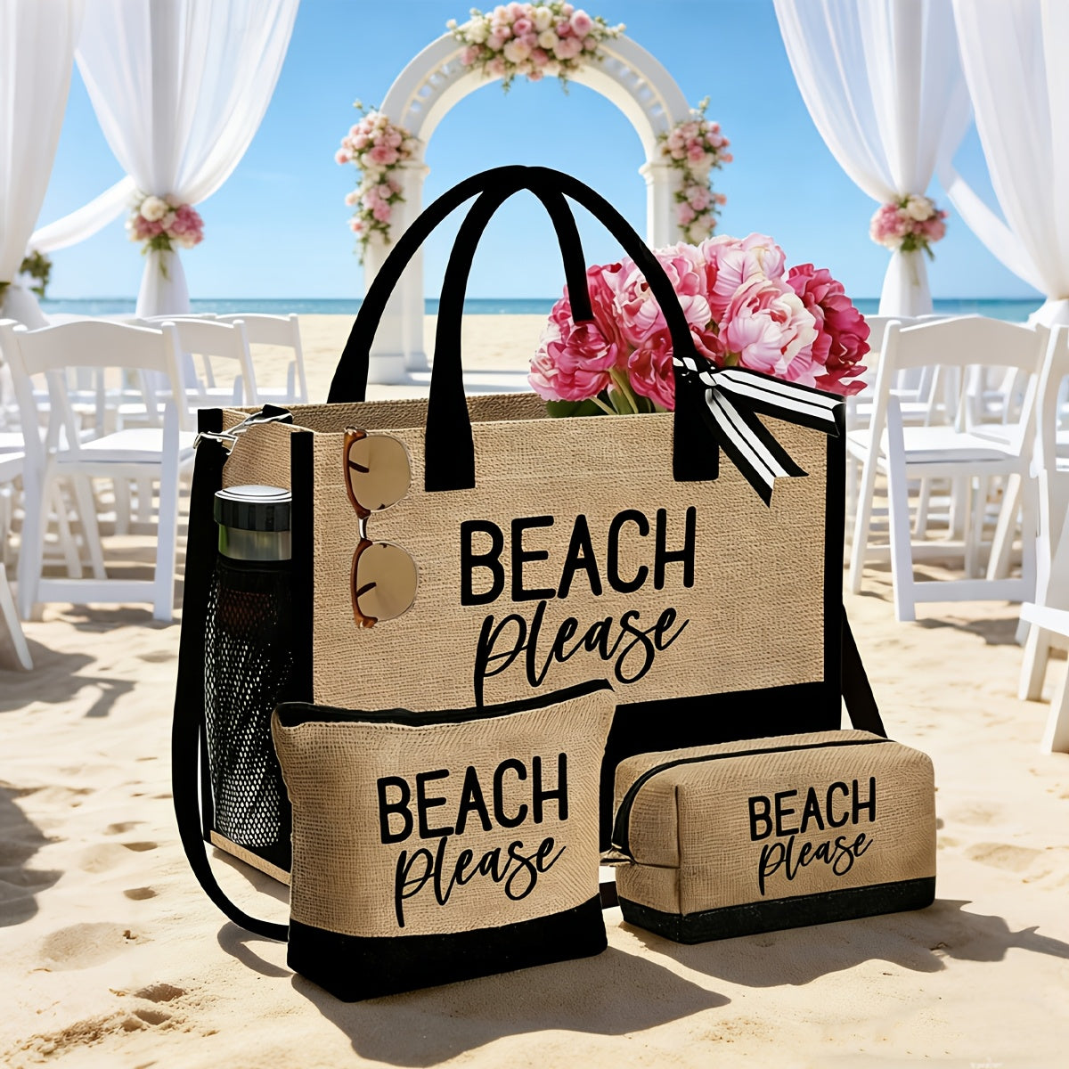 Women's Beach Tote Bag with 'Beach Please' Print - Large Capacity