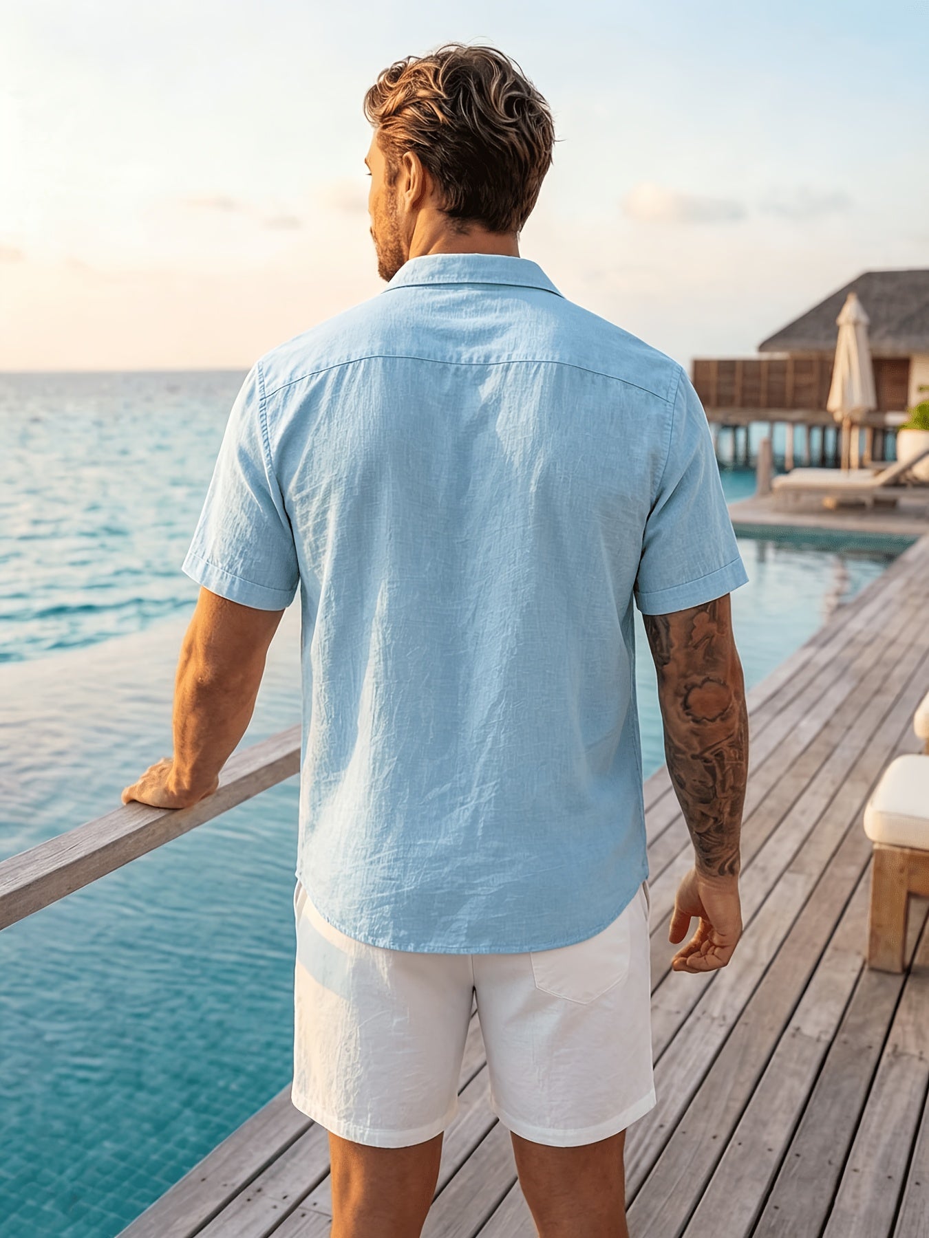 Men's Casual Button-Up Shirt, Cotton-Linen Blend, Short Sleeve