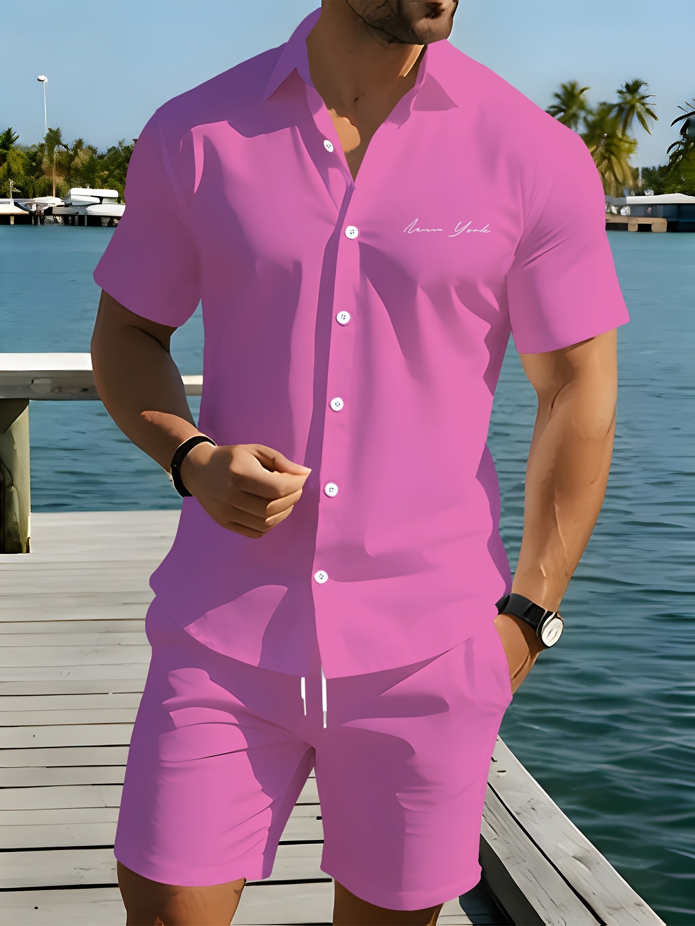 Men's Summer Short-Sleeve Shirt and Shorts Set - Casual Polyester