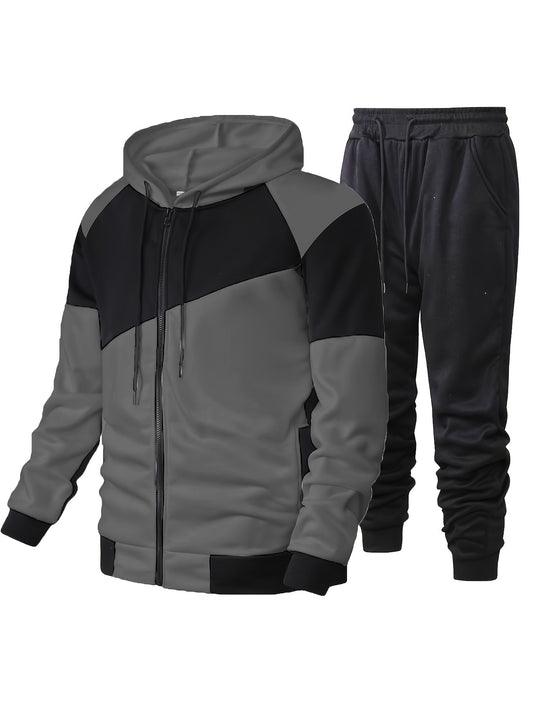Elson OBM Men's Autumn and Winter Sportswear Set, Men's Color Block Long Sleeve Hooded Zip-Up Jacket with Solid Drawstring Joggers Outdoor and Sports Outfit... Top Bottoms Set