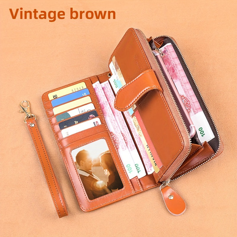 Two-Layer Cowhide Leather Clutch Wallet for Men & Women, Casual Large Capacity RFID Blocking Zippered Hand Purse with Transparent ID Slot and Anti-Theft Brush, Versatile for Going Out