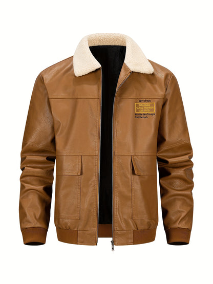 Men'S Faux Leather Bomber Jacket with Fleece Lining - Casual Motorcycle Style, Zip-Up, Long Sleeve, Drop Shoulder, Polyester Lining, Regular Fit, Outdoor & Hiking Wear, Outdoor Jacket | Bomber Jacket | Polyester Lined Jacket