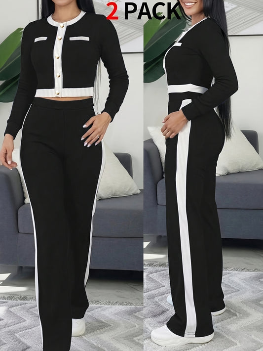 Women's Autumn/Winter Elegant Striped Patchwork 2-Piece Set - ayq