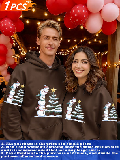 1pc Couple Matching Snowman Christmas Tree Print Oversized Hooded Sweatshirt, New Arrival Valentine'S Day Outfit, Casual Elegant Stretchy Fiber Fabric, Fleece Lined Soft Warm Long Sleeve Top For Sports, Travel & All-season We