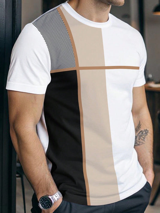 Men'S Casual Geometric-Print T-Shirt - Short Sleeve, Round Neck, Breathable Summer Tee with Color Block Design, White  Brown, Perfect for Casual Attire, Breathable Clothing   Color Block Design   Comfortable Fit, T Shirt