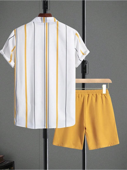 Men's Casual Summer Set - Striped Short-Sleeve Shirt & Shorts