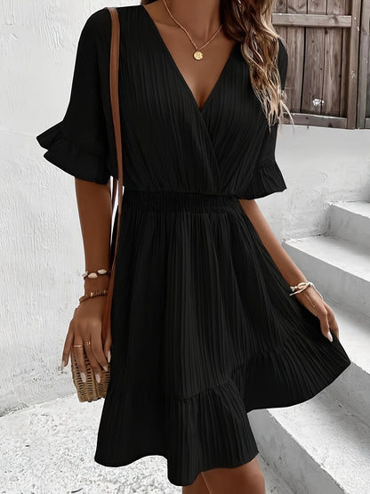 Elegant Lotus Leaf Sleeve Ribbed Peplum Dress for Women