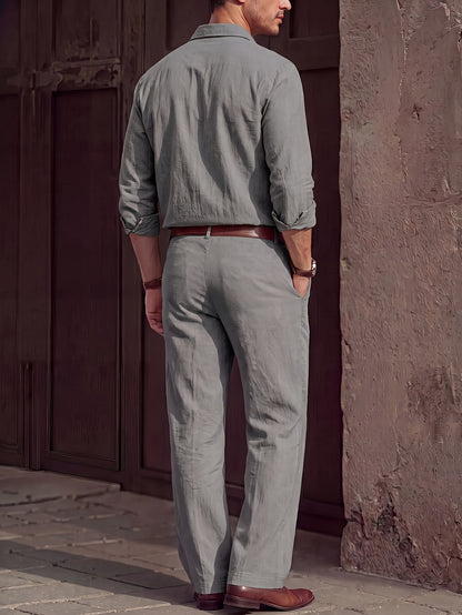 Men's Lightweight Linen Long-Sleeve Shirt & Pants Set for Spring/Fall