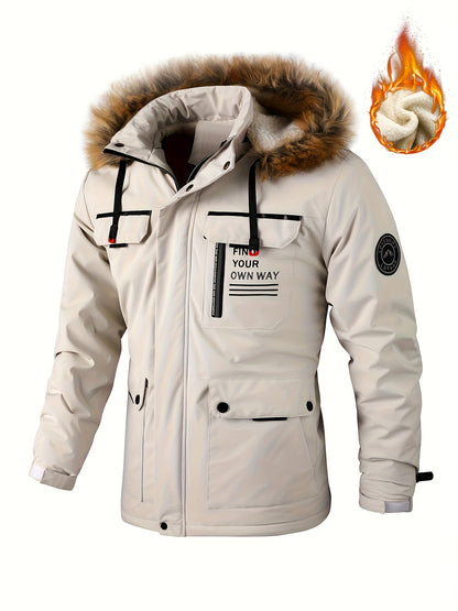Men'S Heavy-Duty Winter Jacket with Fur-like Hood Collar - Thermal Insulated Cold Weather Coat, Full-Zip Front, Zippered Pockets - Beige/ for Everyday & Formal Outfits - Non-Stretch Outer Shell, Outdoor Outerwear, Casual Styl