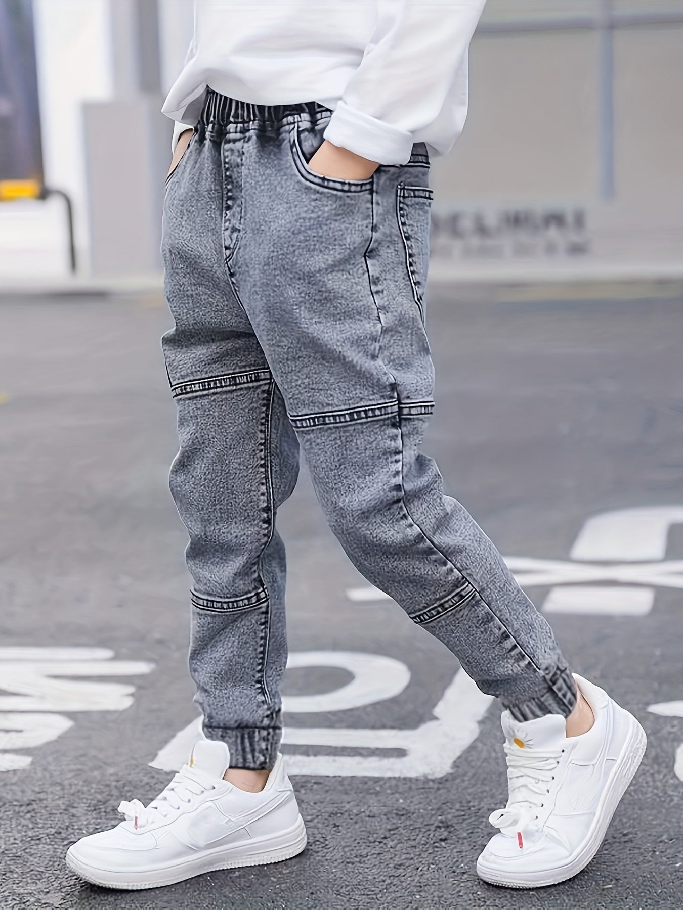 Boys' Casual Rib-Knit Cuff Denim Pants for Spring/Fall