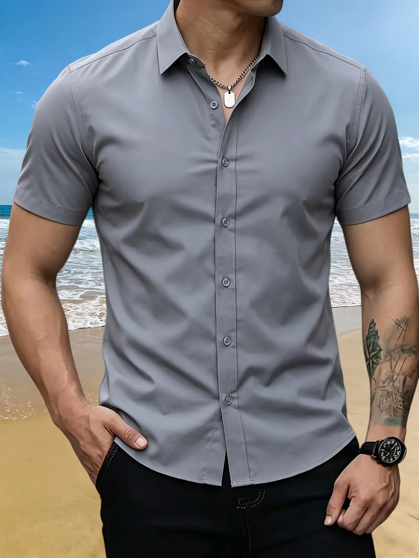 Men’s High-Stretch Lapel Short-Sleeve Shirt for Summer Casual