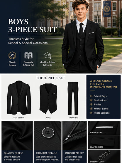 3-Piece Boys' Formal Suit Set with Vest and Straight-Leg Pants