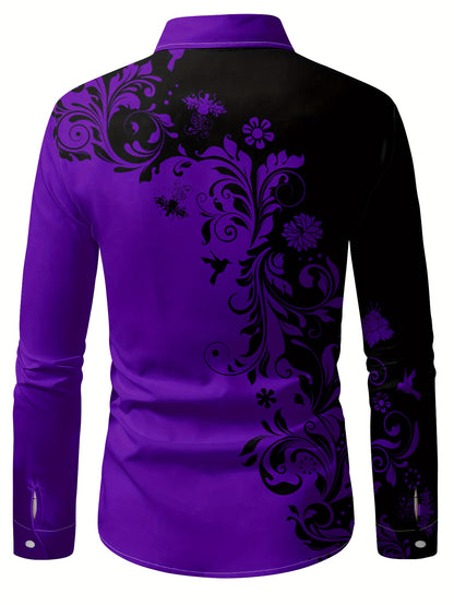 Men'S Casual Floral Print Dress Shirt - Black & White Swirl Design, Button-Up Collar, Long Sleeve, Regular Fit for Spring/Fall, Versatile for Casual & Formal Wear, Spring Fashion, Nonelastic Fabric, Elegant Shirt For Men, Lon