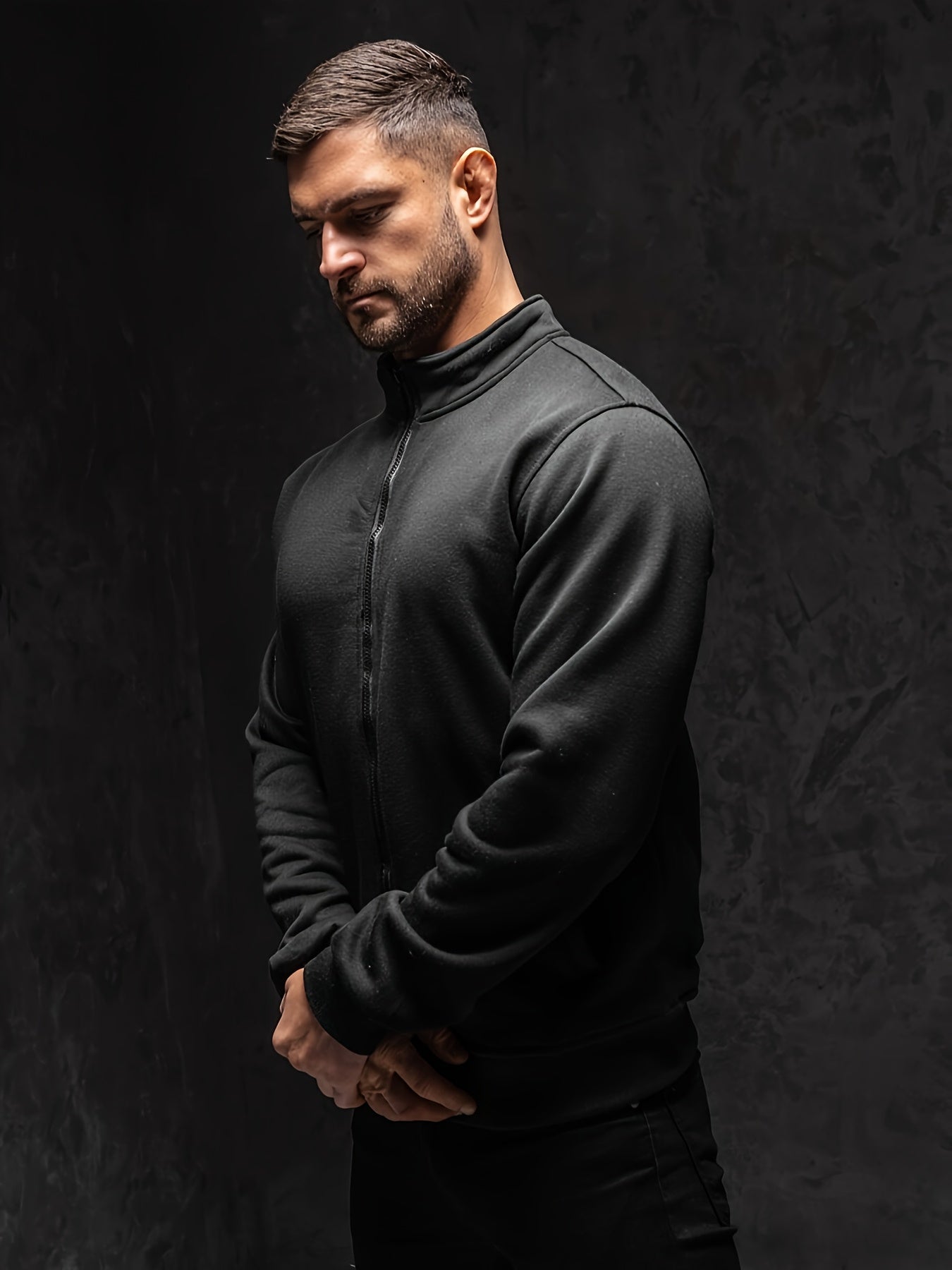 Men's Full-Zip Stand Collar Athletic Jacket - Soft Brushed Interior, Long Sleeve Casual Zippered Sweatshirt, Regular Fit Gym-to-Streetwear, Easy-Care (Hand Wash/Dry Clean) Solid Color Men's Outerwear