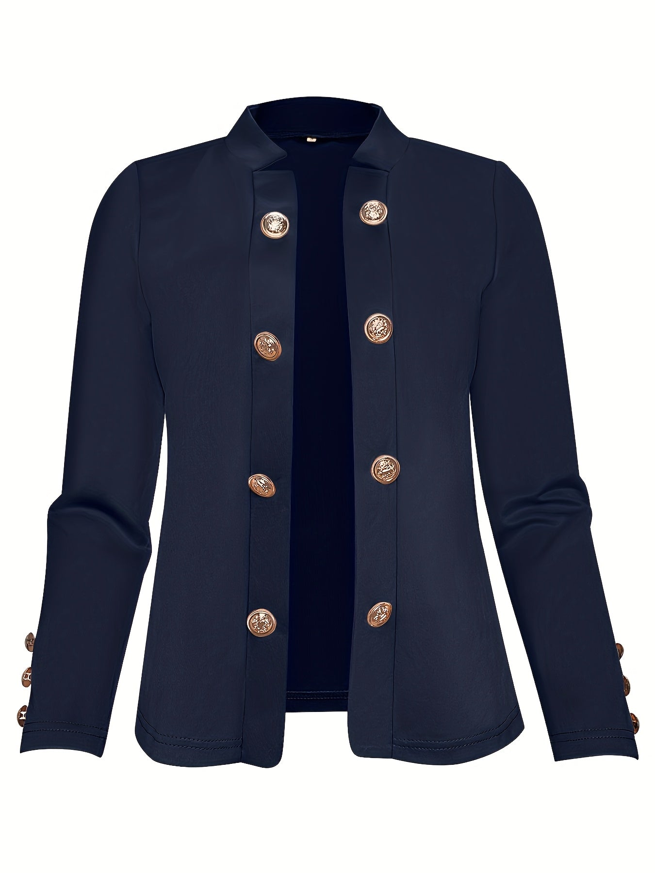 Plus Size, Women's Navy Blue Double-Breasted Blazer - Elegant Long Jacket with Button Front Closure, Machine Washable Office & Party Coat for Women, Formal Everyday Chic Outerwear, Spring Fashion, Classic Silhouette, Structur