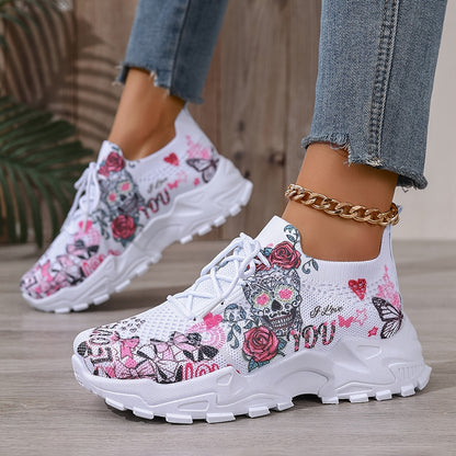 Women's Floral  Skull Print Breathable Mesh Sneakers, Lightweight Low-Top Running Shoes with Soft PU Sole, Stylish Pink  White Design for Casual Wear, Outdoor Travel  Halloween Events, Allseason Footwear   Japaneseinspired