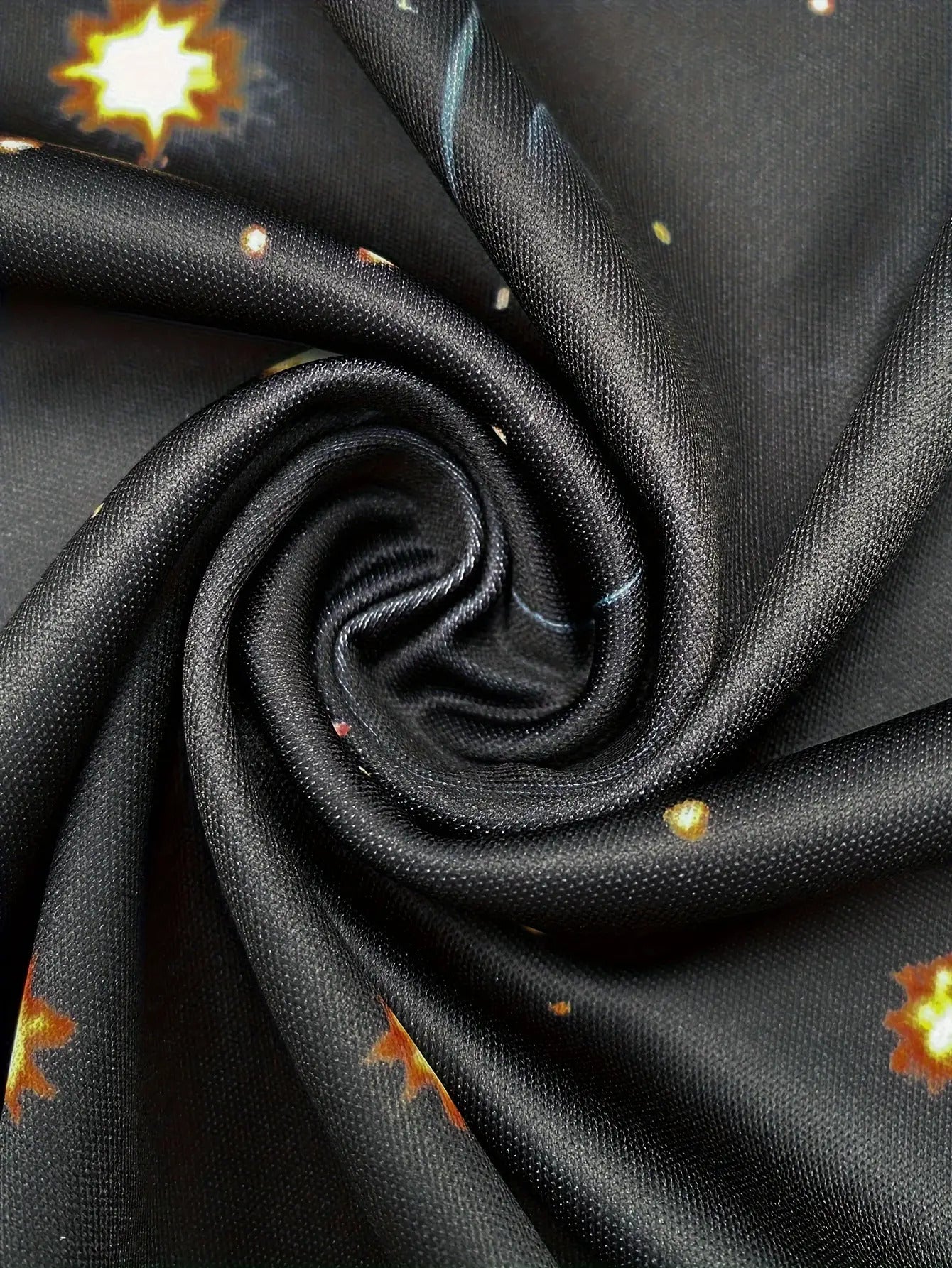 Men's Black & Golden Glittering Fireworks Print Tuxedo-like Party Shirt - 100% Polyester Knit, Slightly Stretchy Round Neck Short Sleeve, Plus Size Available - Machine Washable Holiday Party Outfit for New Year's Eve, Christm