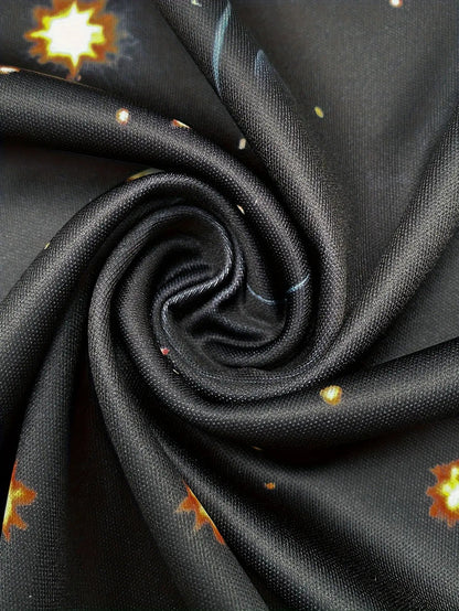 Men's Black & Golden Glittering Fireworks Print Tuxedo-like Party Shirt - 100% Polyester Knit, Slightly Stretchy Round Neck Short Sleeve, Plus Size Available - Machine Washable Holiday Party Outfit for New Year's Eve, Christm