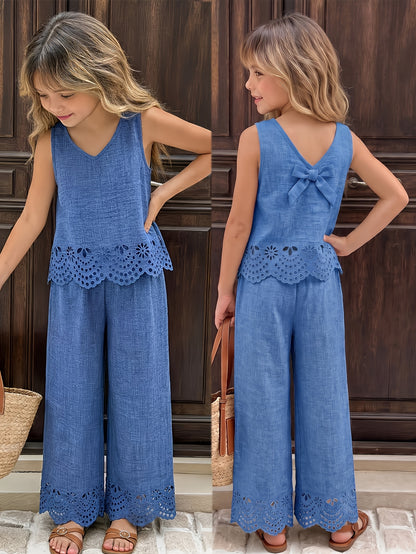 Girls' Sleeveless Lace Trim Tank Top and Wide-Leg Pants Set