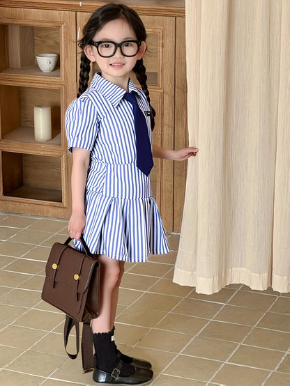 Girls' Summer Preppy Striped Shirt & Pleated Skirt Set
