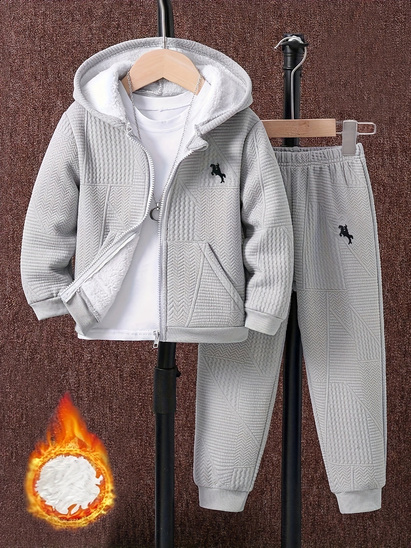 2pcs Boys' Casual Outfit Set, Long Sleeve Hooded Jacket with Embroidery and Zipper, Geometric Pattern Knit Pants, Polyester with Spandex Lining, Regular Fit for Autumn/Winter, for Outdoor