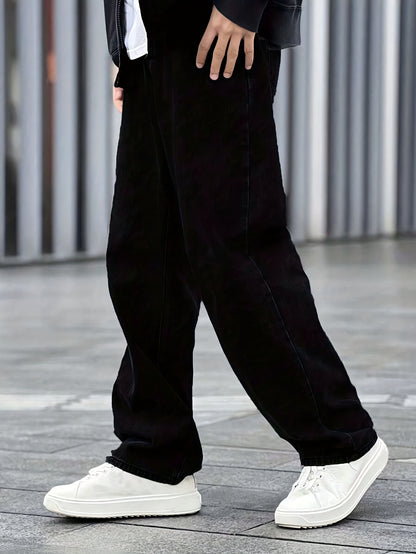Teen Boys' Black Denim Straight Leg Jeans Mid Waist