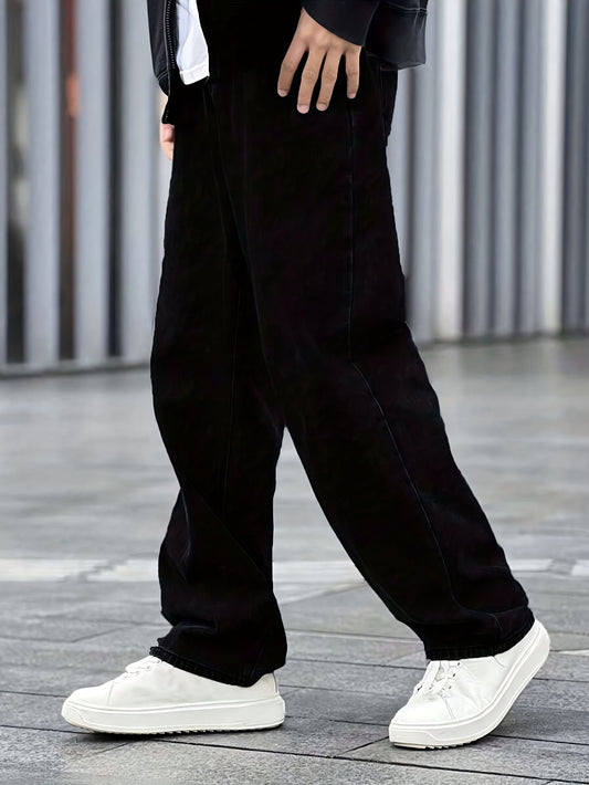 Teen Boys' Black Denim Straight Leg Jeans Mid Waist
