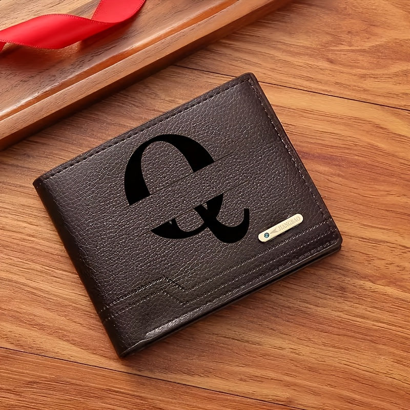 1pc Men's Business Style Faux Leather Wallet, Customizable Text and Initials, Solid Color Faux Leather with Contrast Accents, Compact Short Bifold Design for Easy Carrying - Perfect Birthday Gift for Boyfriend and Father, Per